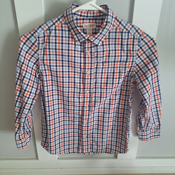 Cat & Jack Boys Plaid Button-Up Shirt Orange Blue White Size 6/7 - Picture 1 of 4